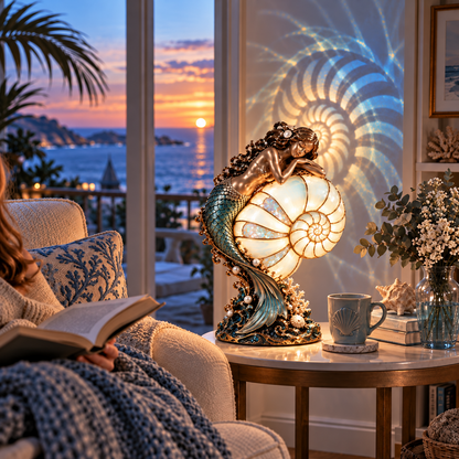 Cast a Magical Ocean Glow! Vintage Mermaid Nautilus Stained Glass Ambient Lamp