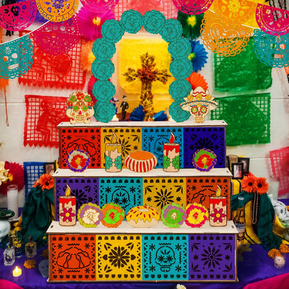 3 Tier Wooden Day of the Dead Ofrenda Altar Set, Complete Decor Kit with Skull, Marigolds, Candles & Papel Picado