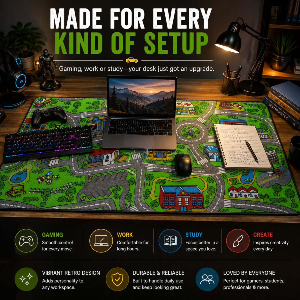 Nostalgic Road Map Desk Mat Retro City Mouse Pad