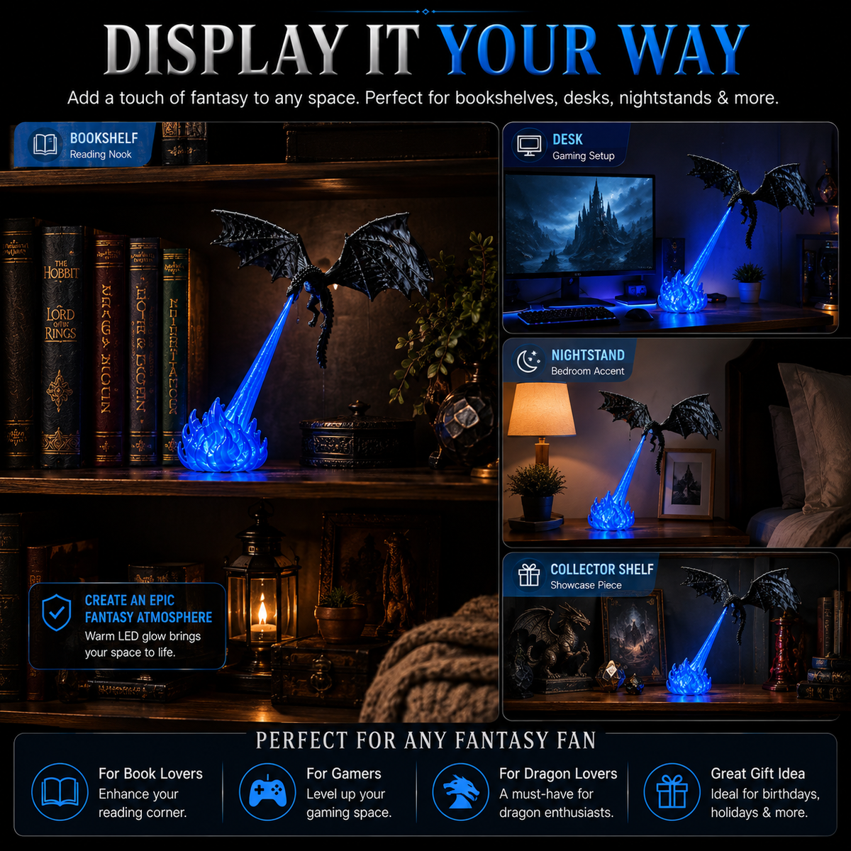 3D Fire Breathing Dragon LED Light | Glowing Fantasy Bookshelf Decor