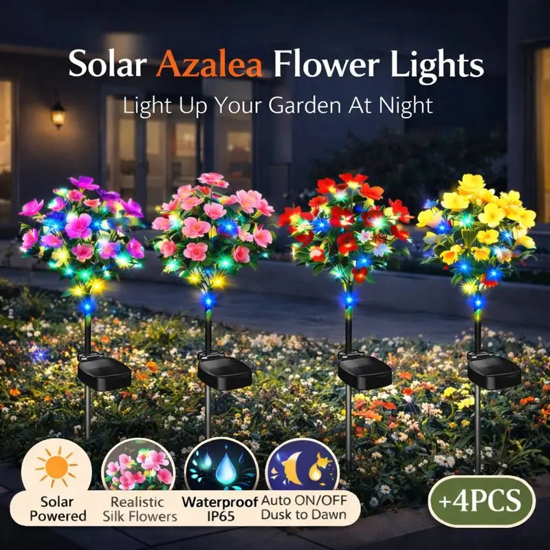 Solar Azalea Flower Lights 4 Pack | IP65 Waterproof Realistic Multi-Color Stakes for Garden & Cemetery Memorial Decor