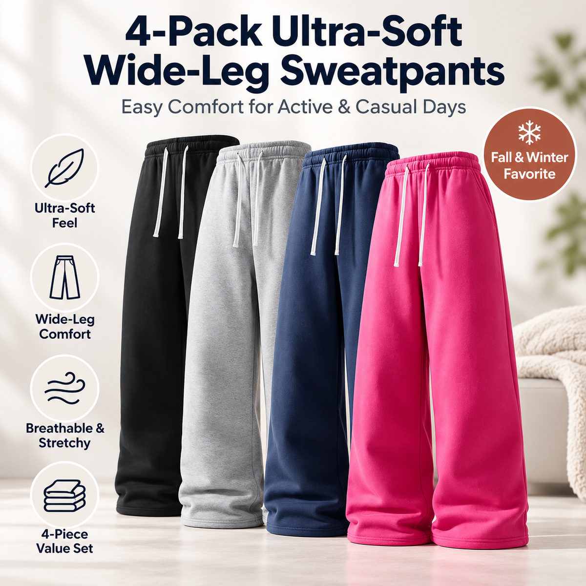 4-Pack Ultra-Soft Wide-Leg Sweatpants