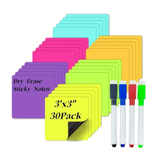 30-Pack Reusable Magnetic Sticky Notes With Markers Colorful Labels For Home & Office Organization