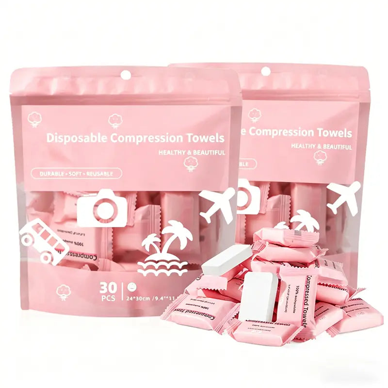 30-Pack Disposable Compressed Towels Soft, Absorbent & Travel-Friendly