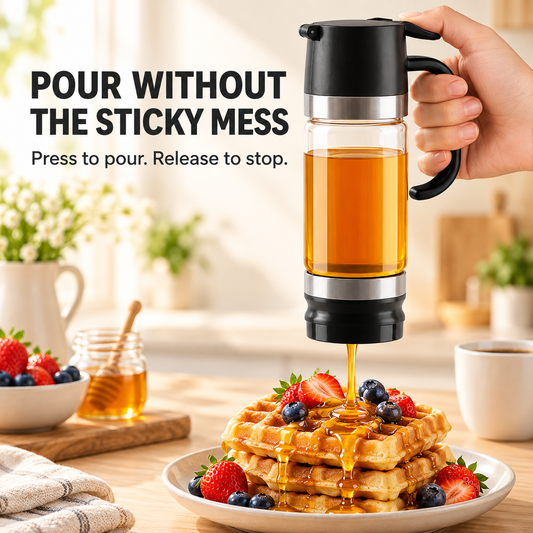 12oz No-Drip Honey & Syrup Dispenser Press-to-Pour Glass Jar with Handle