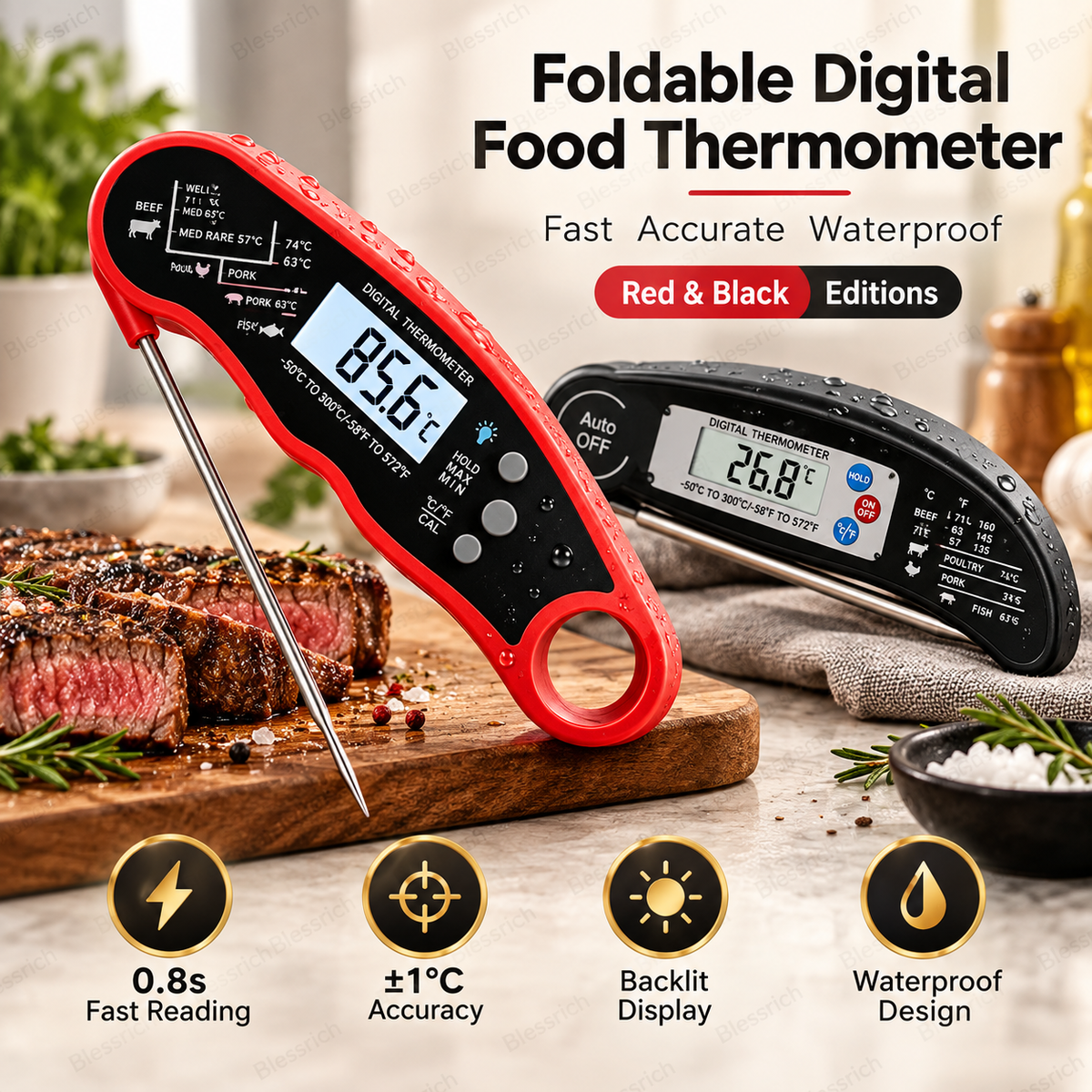 Foldable Digital Food Thermometer - Fast Reading Instant Meat Thermometer