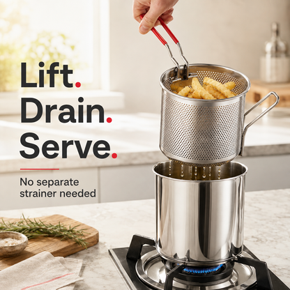 SUMMER - Personal Mini Deep Fryer Set Stainless Steel Pot with Lift-Out Draining Basket & Food Tongs