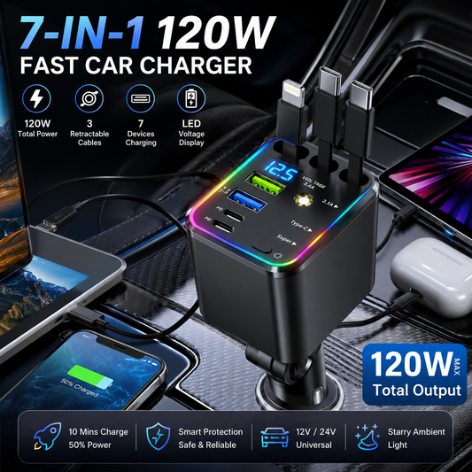 7-in-1 120W Retractable Car Charger Fast Charging Power Hub with LED Voltage Display