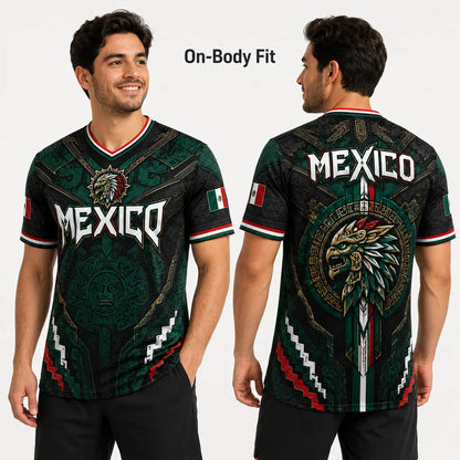2026 Mexico Eagle Warrior Soccer Jersey Aztec Calendar Graphic V-Neck Fan Shirt for Men