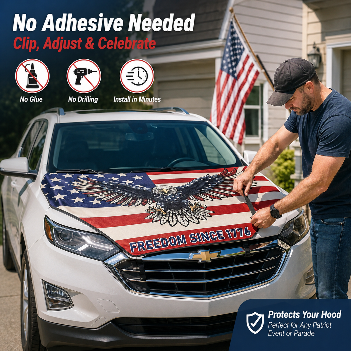 Texas Flag Car Hood Cover with Dual Triangle Fasteners Easy-Install Patriotic Decoration for Trucks, SUVs & Cars