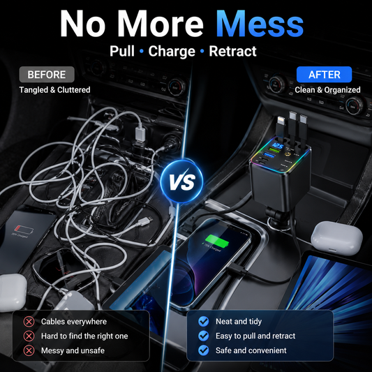 7-in-1 120W Retractable Car Charger Fast Charging Power Hub with LED Voltage Display