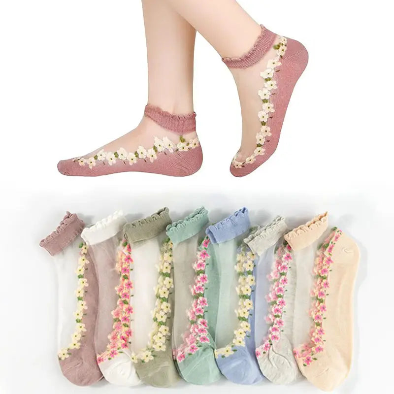 7 Pairs Womens Sheer Floral Mesh Ankle Socks Thin Transparent Ruffle Socks for Summer