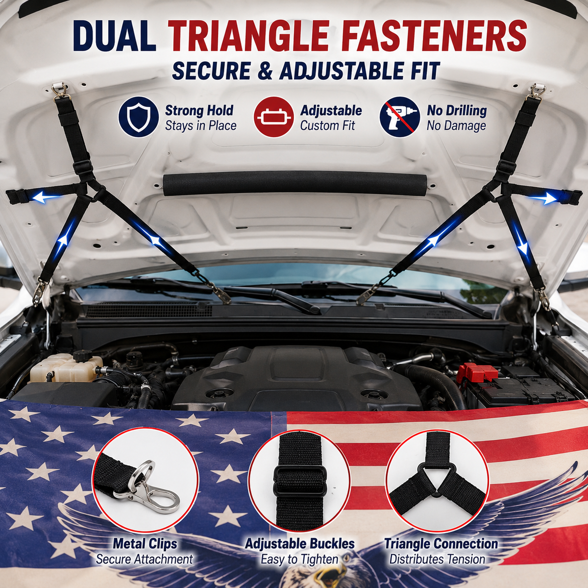 Texas Flag Car Hood Cover with Dual Triangle Fasteners Easy-Install Patriotic Decoration for Trucks, SUVs & Cars