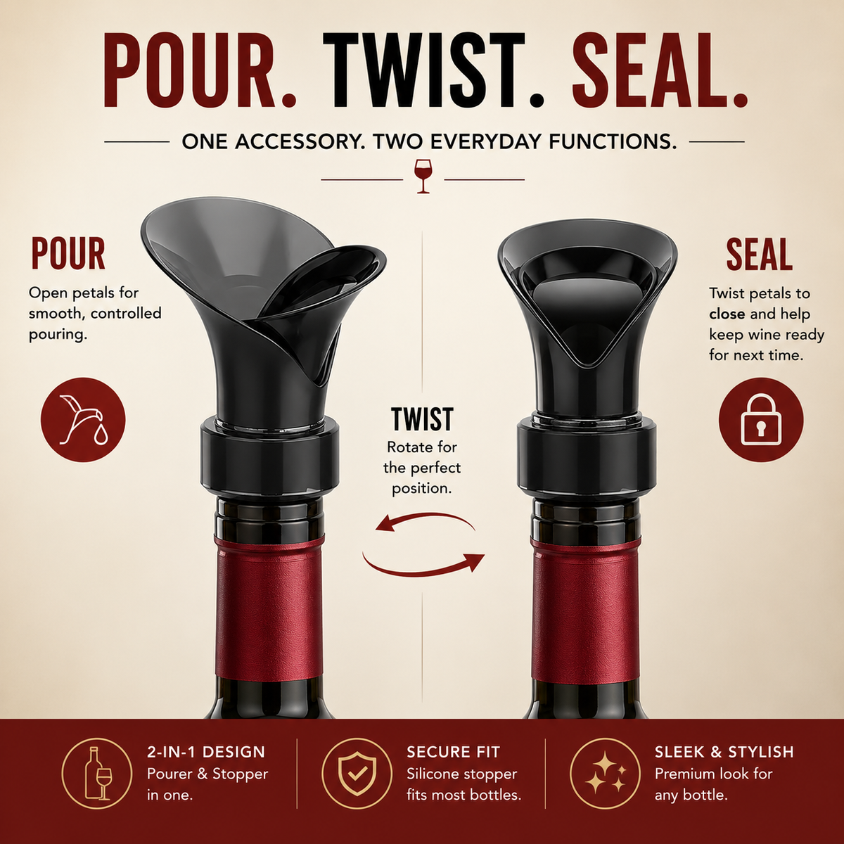 2-in-1 Wine Pourer & Stopper No-Drip Pour & Easy Seal
