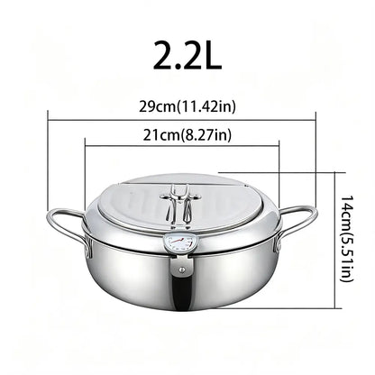 304 Grade Stainless Steel Deep Fryer Pot - Japanese Style, with Thermometer, Oil Drip Drainer Rack, Temp Control