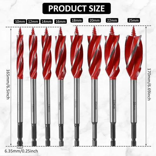 8PCS High Carbon Steel Wood Drill Bits Set, 4-Flute Hex Shank Wood Boring Bits 10-25mm for Timber Plastic Drilling