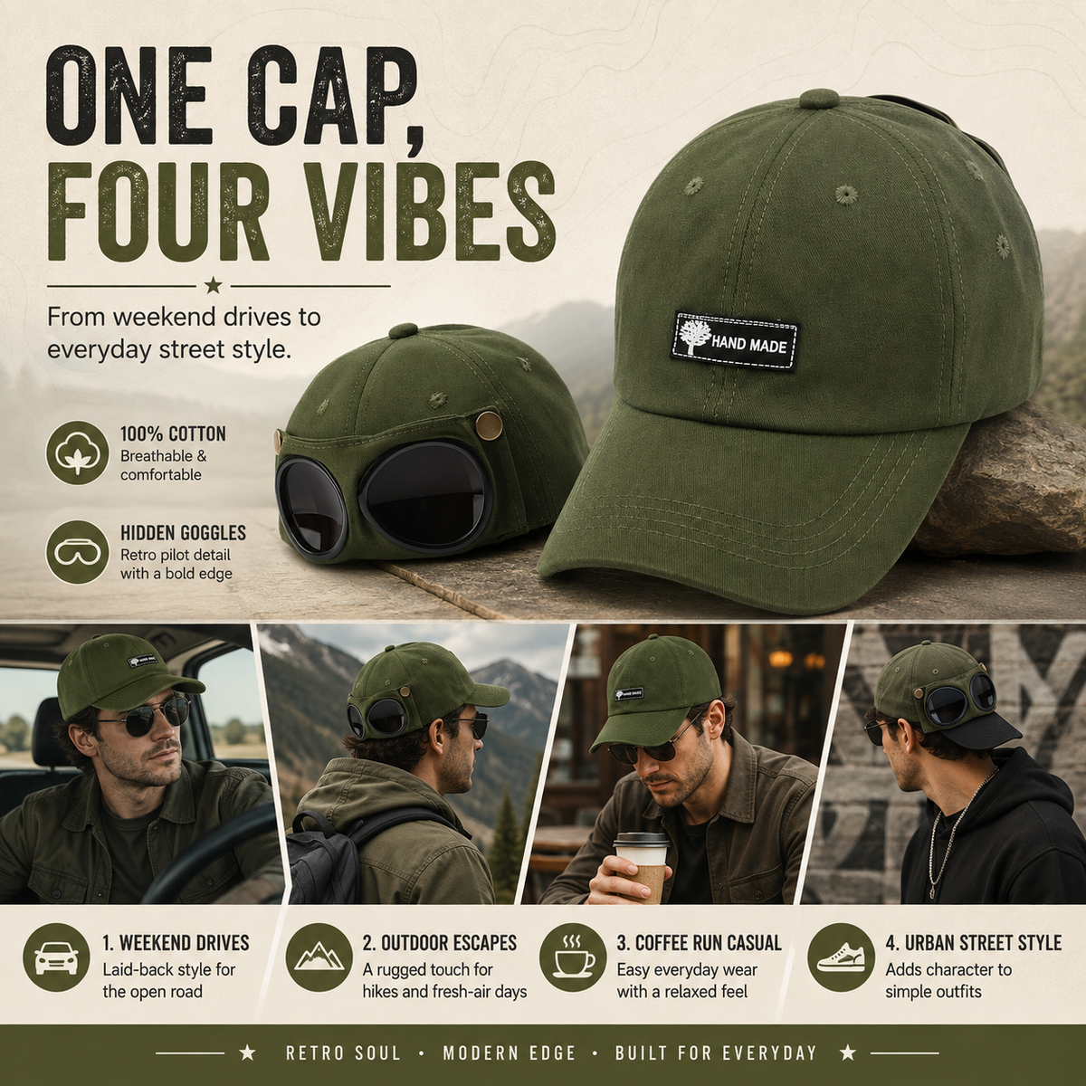 Men's Retro Pilot Baseball Cap Glasses-Ready Statement Style