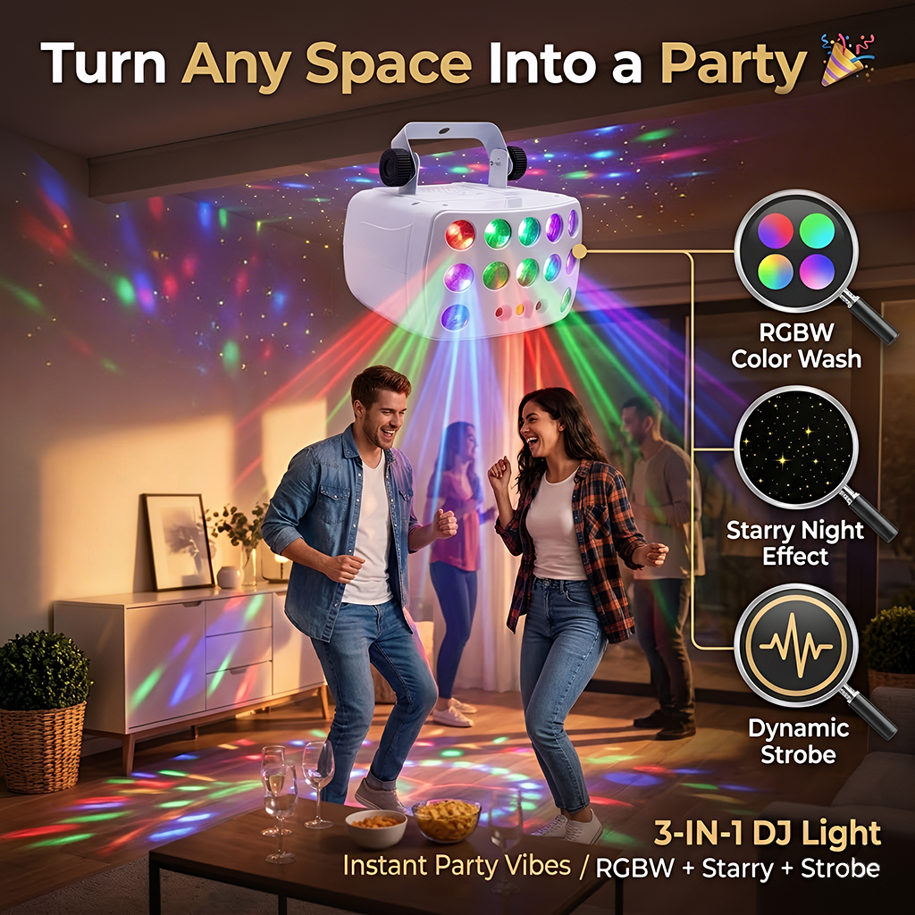 3-in-1 DJ Party Lights RGBW Derby Beam, Sound Activated + Remote