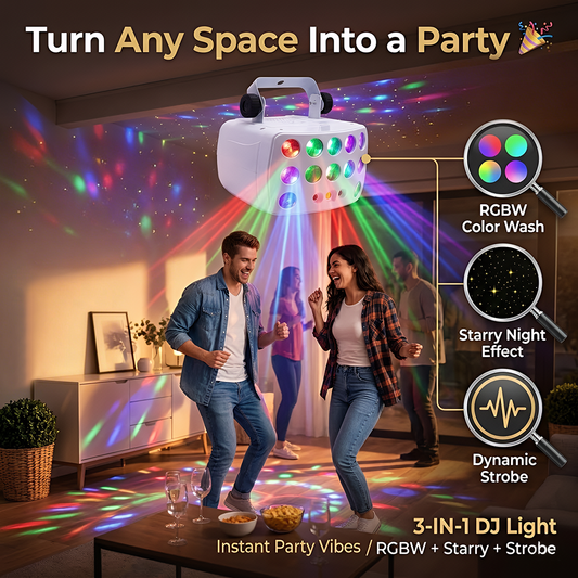 3-in-1 DJ Party Lights RGBW Derby Beam, Sound Activated + Remote