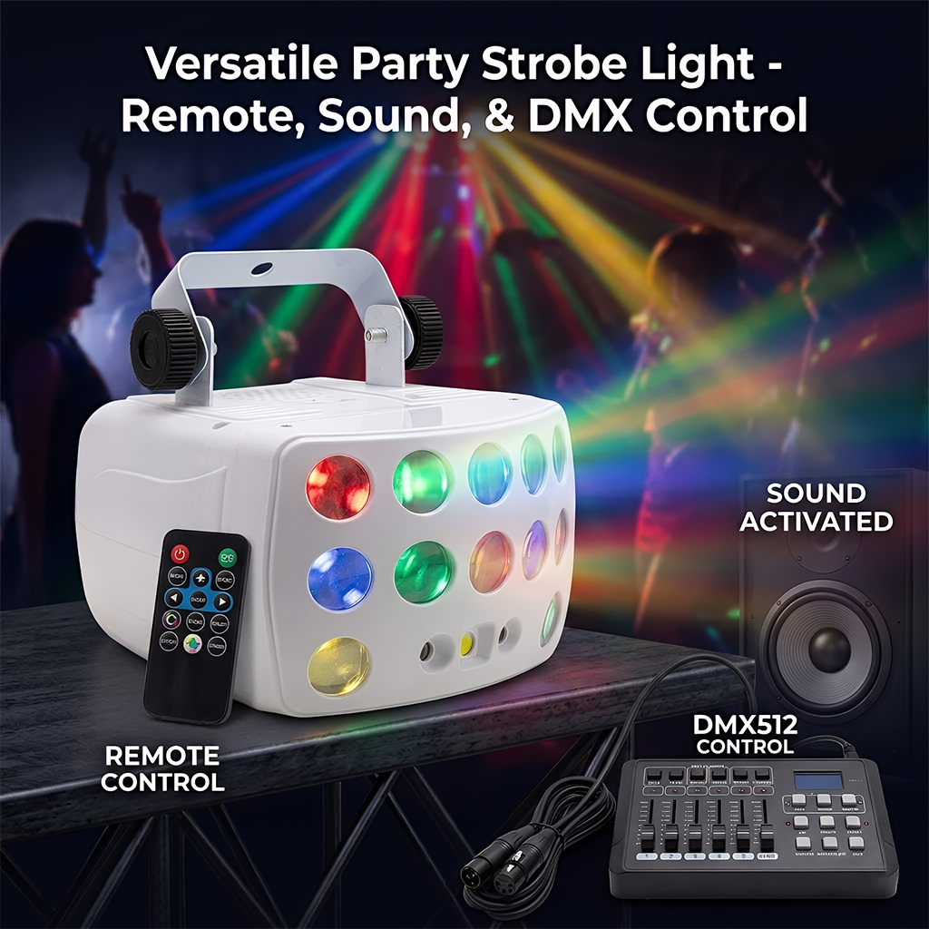 3-in-1 DJ Party Lights RGBW Derby Beam, Sound Activated + Remote