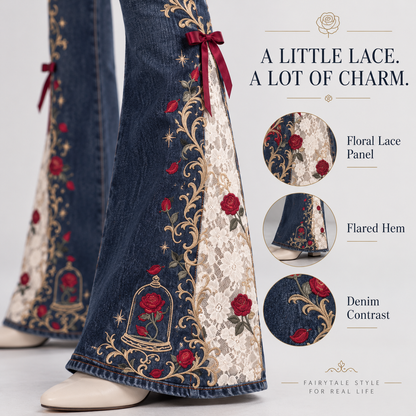 Enchanted Rose High-Waisted Lace Panel Flare Jeans