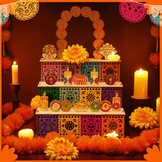 3-Tier Mexican Day of the Dead Traditional Wooden Altar Display Set