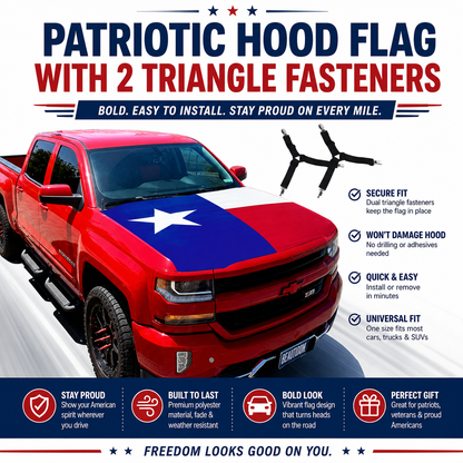 Texas Flag Car Hood Cover with Dual Triangle Fasteners Easy-Install Patriotic Decoration for Trucks, SUVs & Cars