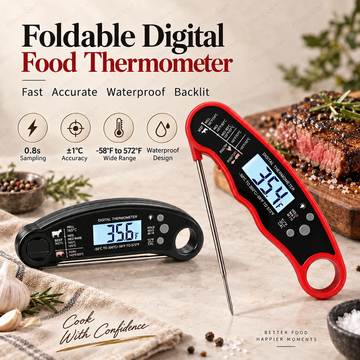 Foldable Digital Food Thermometer - Fast Reading Instant Meat Thermometer