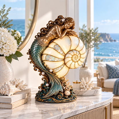 Cast a Magical Ocean Glow! Vintage Mermaid Nautilus Stained Glass Ambient Lamp