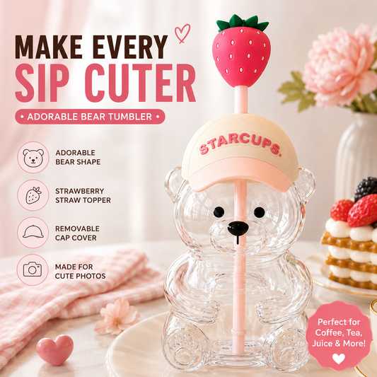 2026 Cute Beaar Glass Tumbler with Bear Lid & Strawberry Straw