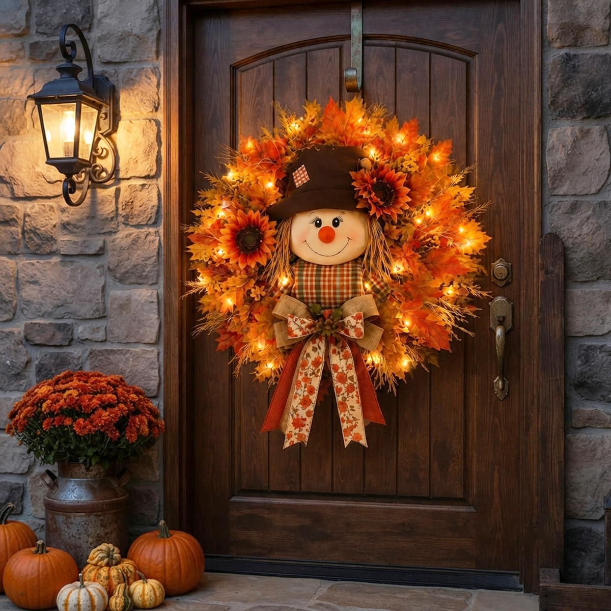 Fall Favorite Lighted Scarecrow Front Door Wreath