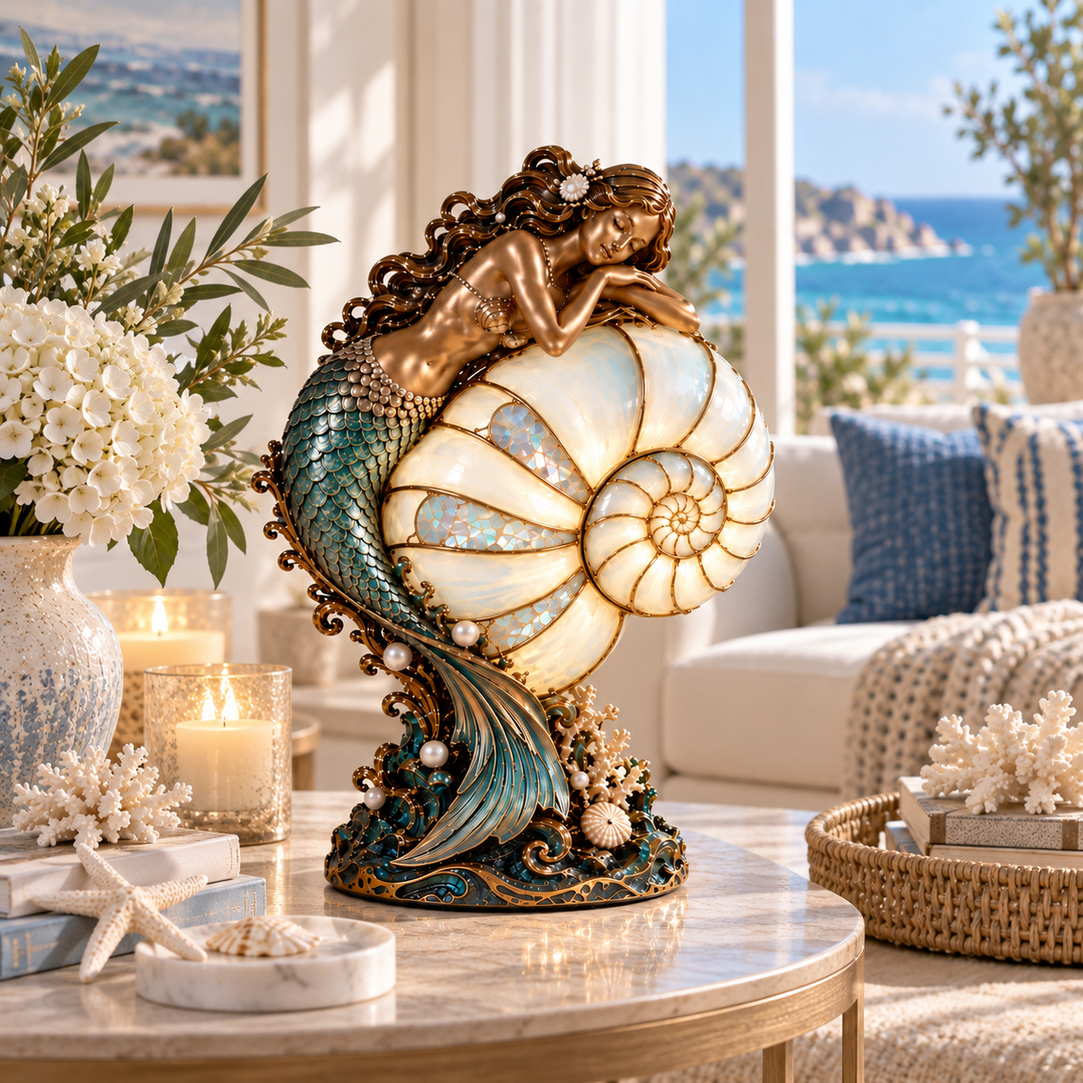 Cast a Magical Ocean Glow! Vintage Mermaid Nautilus Stained Glass Ambient Lamp