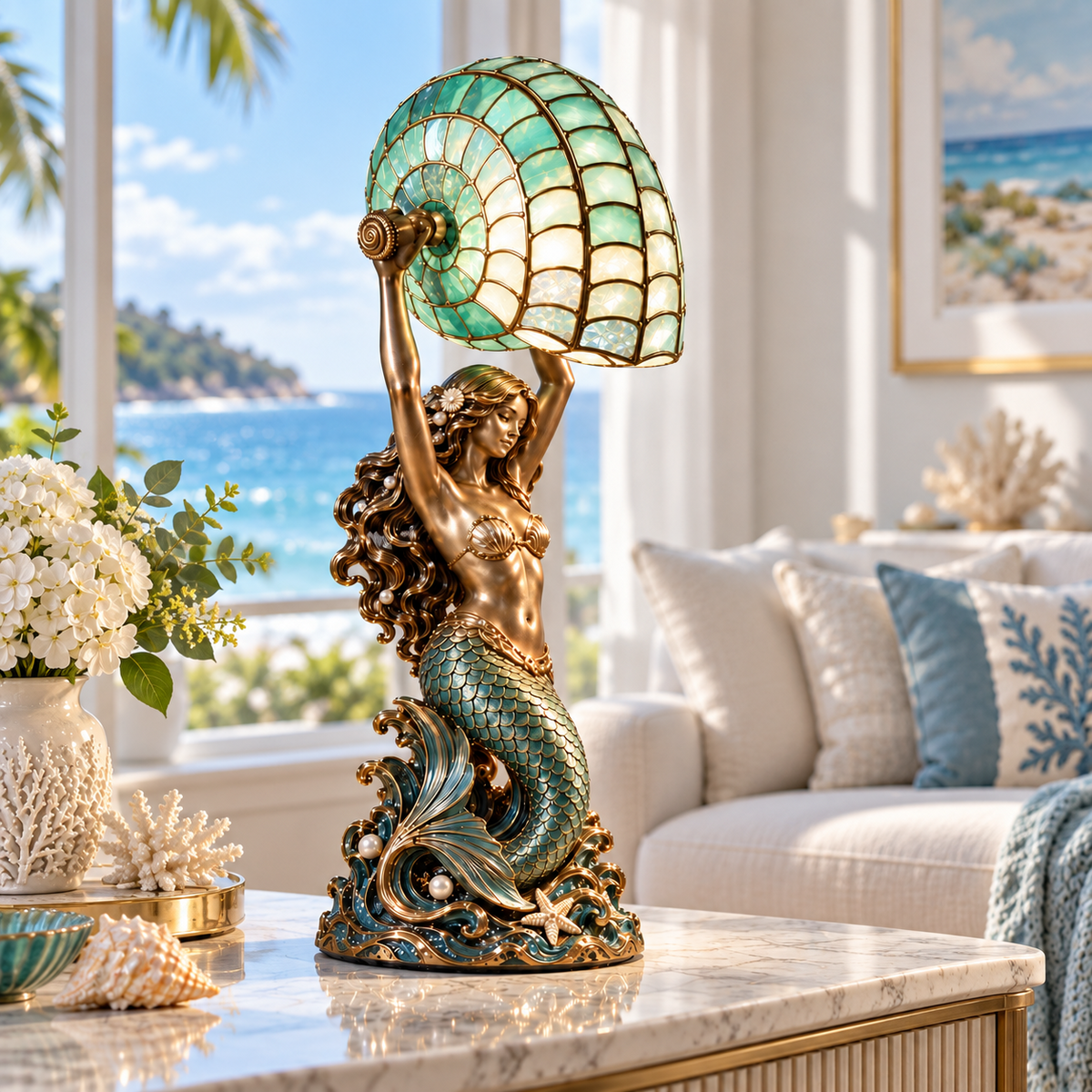 Cast a Magical Ocean Glow! Vintage Mermaid Nautilus Stained Glass Ambient Lamp