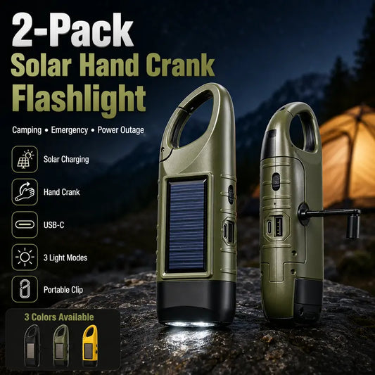 2-Pack Solar Hand Crank Emergency Flashlights USB-C Rechargeable Outdoor Lights