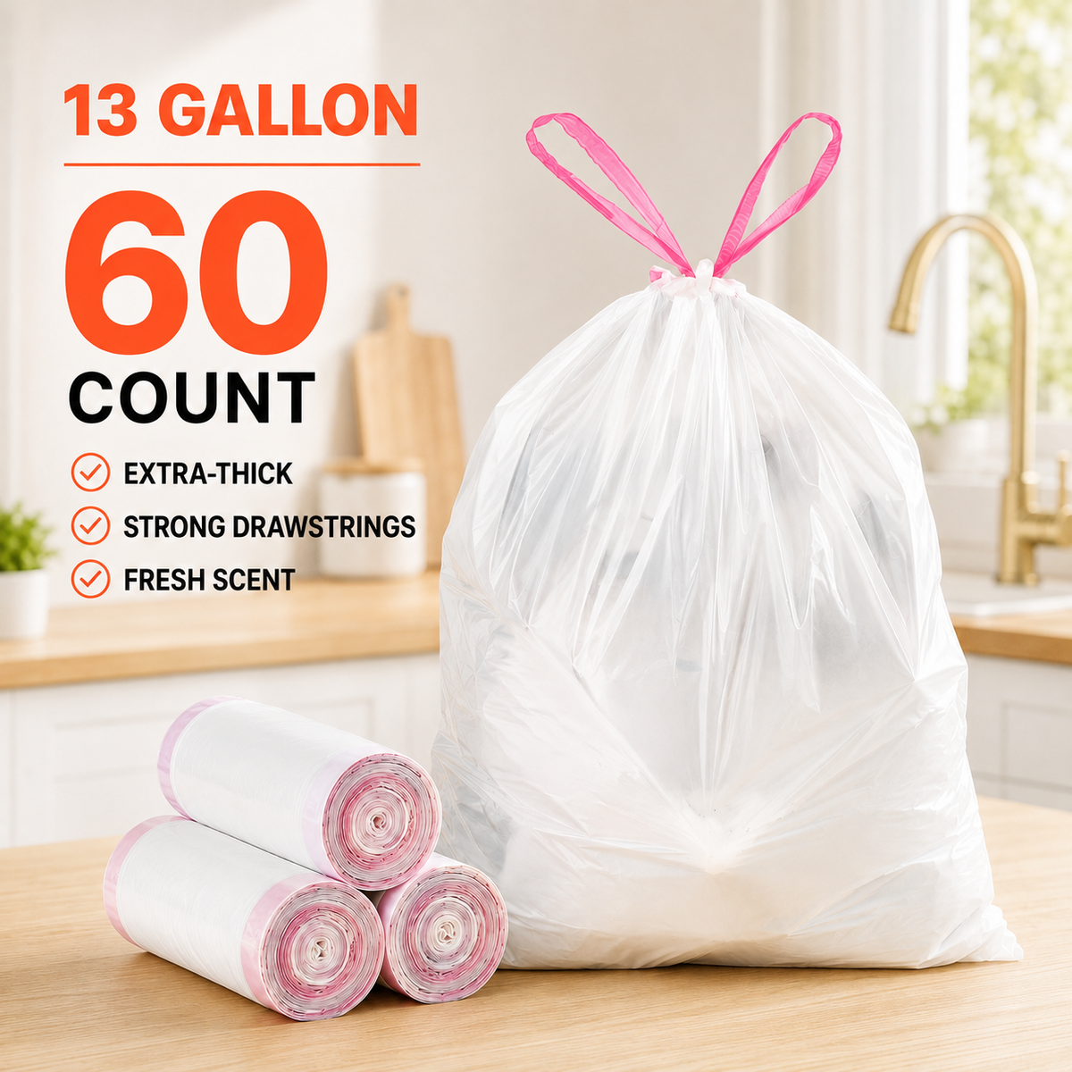Extra-Thick Fresh-Scent Drawstring Kitchen Trash Bags 60 Count Leak-Resistant Bags for Home, Office, RV & Camping