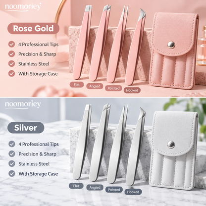 4-Piece Stainless Steel Beauty Tweezers Set Flat-Tip Eyebrow, Hair Removal & False Lash Tools