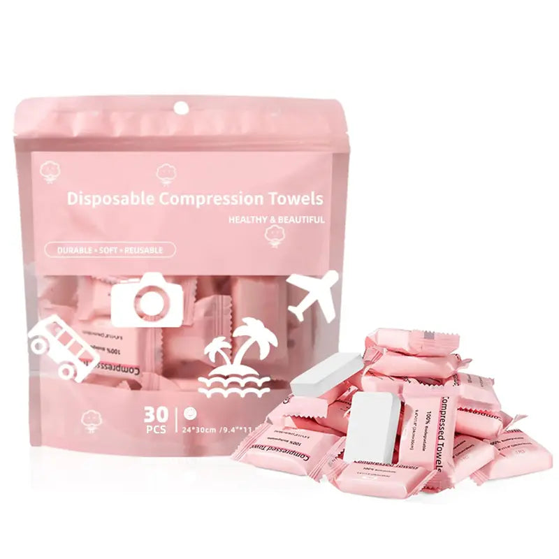 30-Pack Disposable Compressed Towels Soft, Absorbent & Travel-Friendly