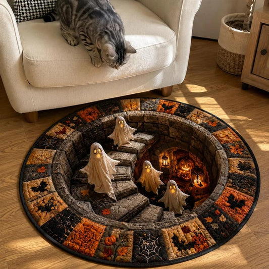 3D Haunted Staircase Round Rug Spooky Halloween Optical Illusion