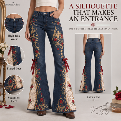 Enchanted Rose High-Waisted Lace Panel Flare Jeans
