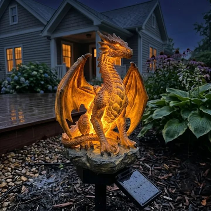 Solar Dragon Garden Statue Light Golden Ember Fantasy Outdoor Decor