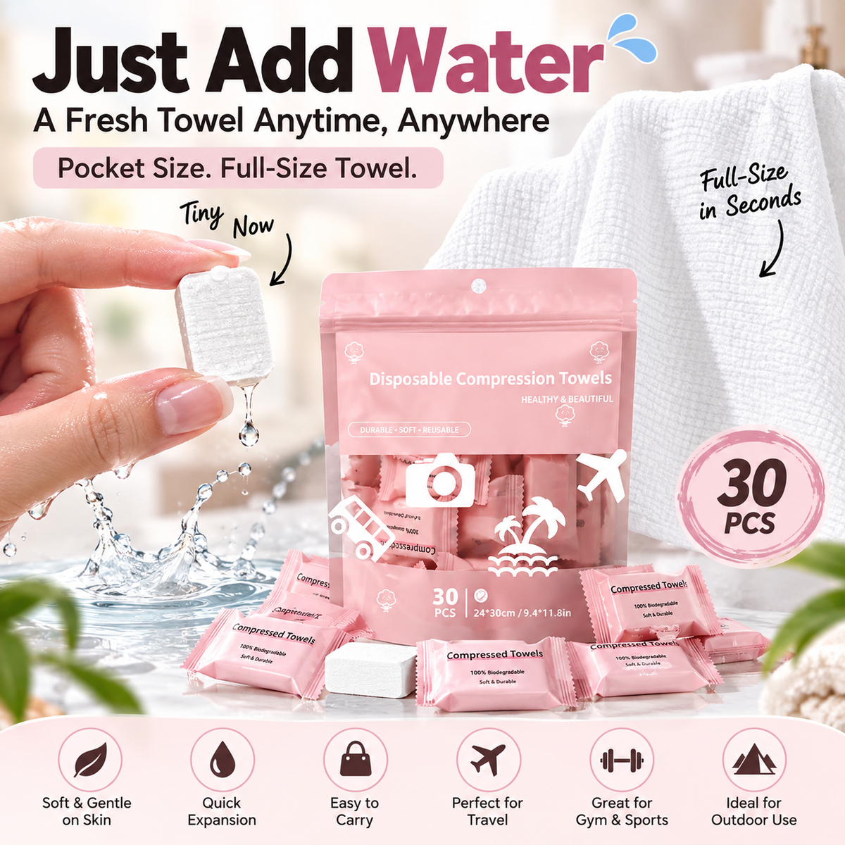 30-Pack Disposable Compressed Towels Soft, Absorbent & Travel-Friendly