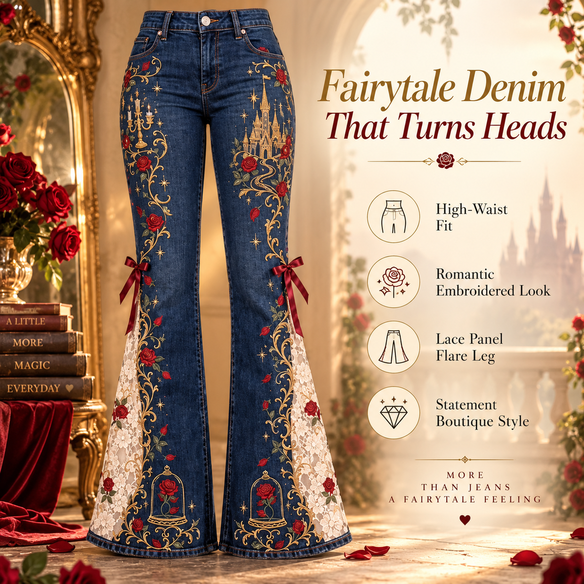 Enchanted Rose High-Waisted Lace Panel Flare Jeans