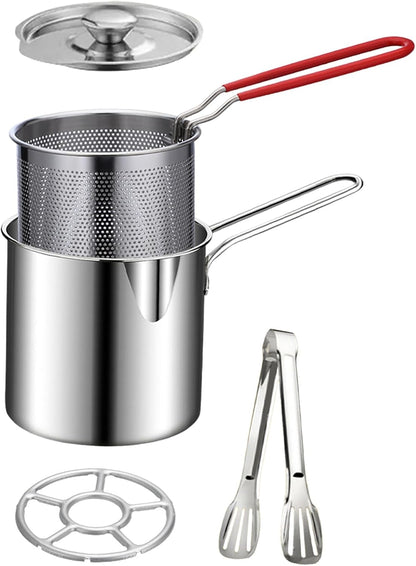 SUMMER - Personal Mini Deep Fryer Set Stainless Steel Pot with Lift-Out Draining Basket & Food Tongs