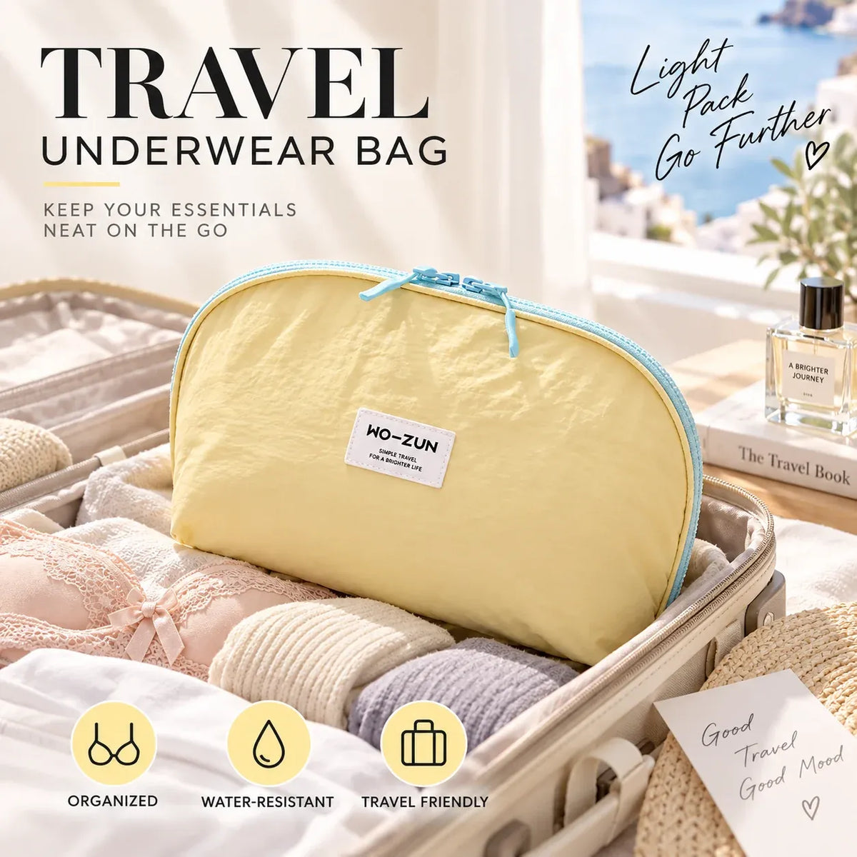 Portable Underwear Travel Organizer Separate Storage for Bras, Panties & Socks