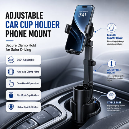 Car Cup Holder Phone Mount 360 Adjustable, Strong N52 Magnet, One-Handed Operation, Fits All Phones