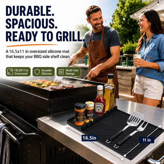 16.5" 11" Silicone Grill Side Shelf Mat Heat-Resistant, Non-Slip & Dishwasher Safe BBQ Organizer