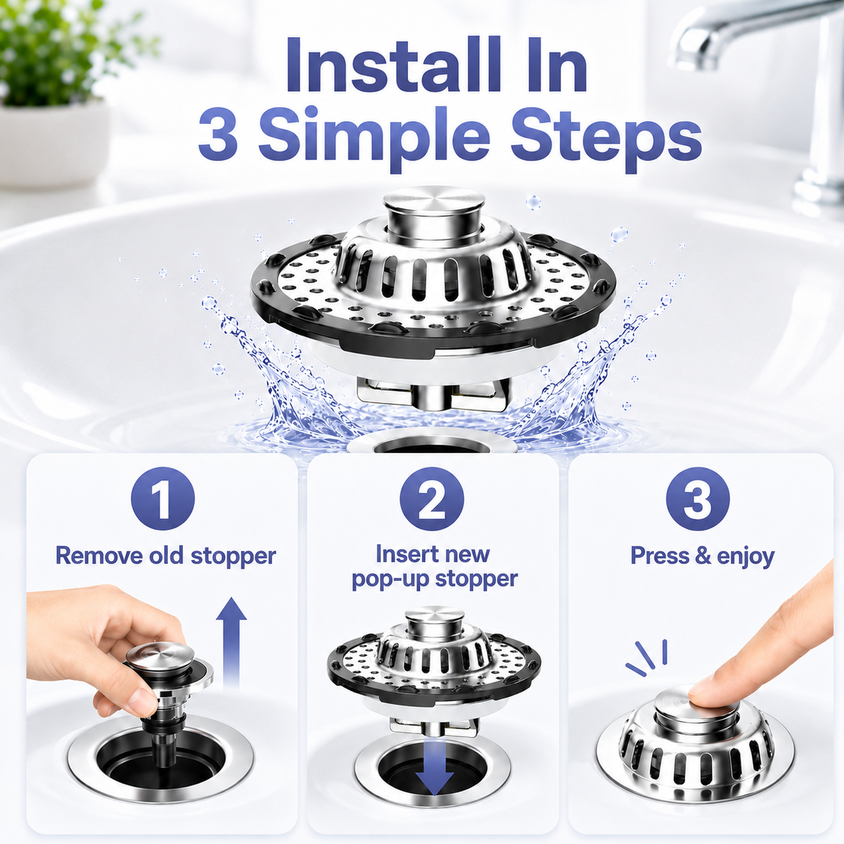 3-in-1 Pop-Up Sink Stopper Hair Catcher, Drain Protector & Water Stopper | Universal Chrome Fit
