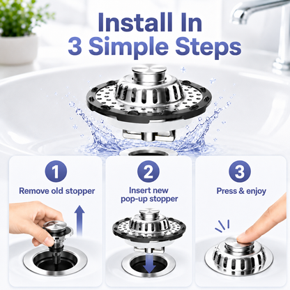 3-in-1 Pop-Up Sink Stopper Hair Catcher, Drain Protector & Water Stopper | Universal Chrome Fit