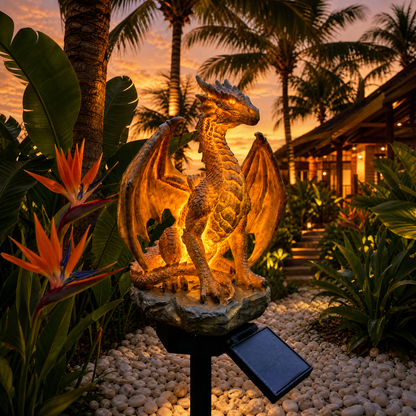 Solar Dragon Garden Statue Light Golden Ember Fantasy Outdoor Decor