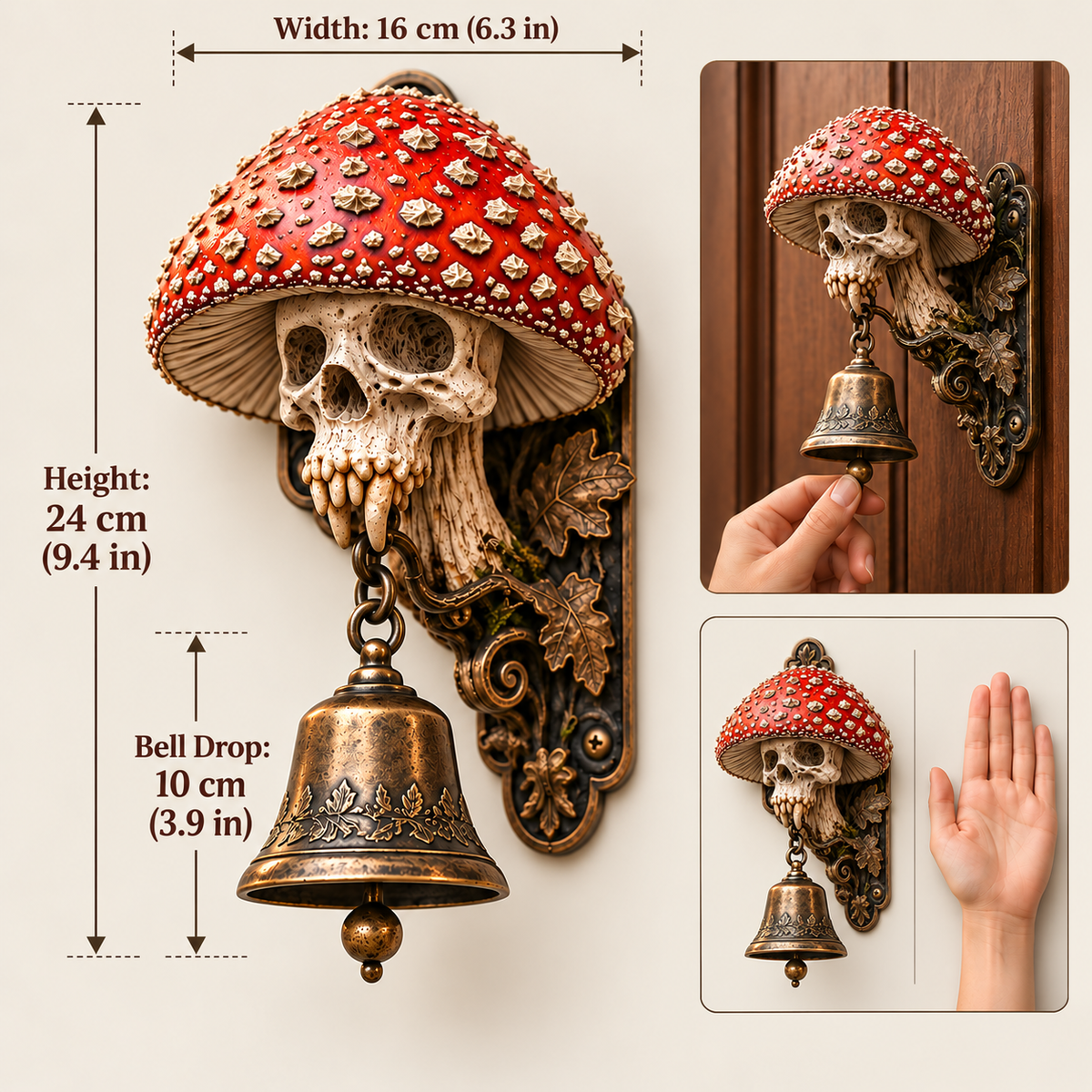 Skullcap Guardian Gothic Mushroom Skull Door Bell with Vintage Bronze Chime